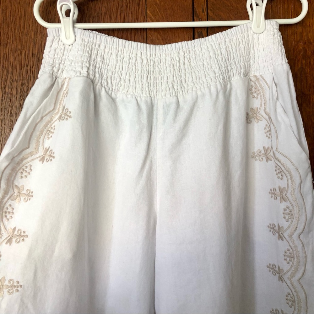 Tahari White Wide-Leg Embroidered Pants Pockets Boho XL Linen blend - Picture 2 of 14